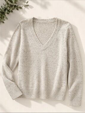 AQUA 100% Cashmere Speckled V-Neck Sweater Ivory Oatmeal Size M